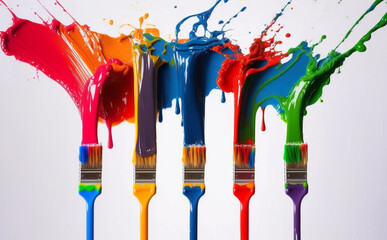 Paint Brushes splashing Colorful paint into the air. Concept for creating art and painting. Illustrative Generative AI.