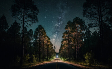 A straight Highway trough a forest at night with the milky way and stars. No cars no people. Illustrative Generative AI.