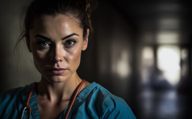 Fototapeta premium Female Doctor or Nurse, portrait with blurred hospital hallway in the background. Illustrative Generative AI. Not a real person.