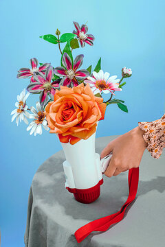 Woman with bouquet of flowers in megaphone