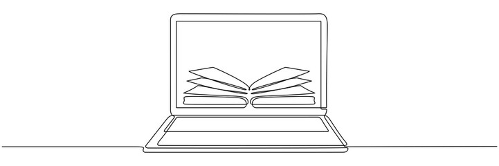 Continuous line drawing of laptop with open book. Online linear computer education. Vector illustration isolated on white.