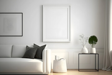 Picture frame mockup on white wall. White living room design.