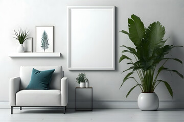 Picture frame mockup on white wall. White living room design.
