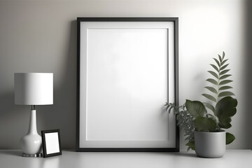 Picture frame mockup on white wall. White living room design. Home staging and minimalism concept.	