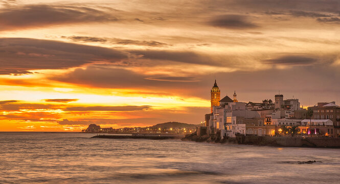 landscape of the church of sitges at sunset