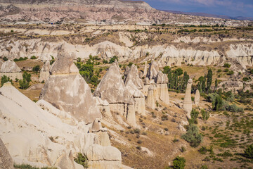 Unique geological formations in Love Valley in Cappadocia, popular travel destination in Turkey