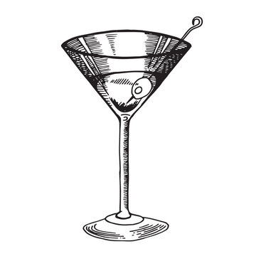recommend clip art: Martini glass with olives. Hand drawn alcohol cocktail, vector sketch. Engarved style