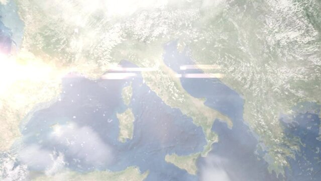 Earth zoom in from outer space to city. Zooming on Viterbo, Italy. The animation continues by zoom out through clouds and atmosphere into space. Images from NASA
