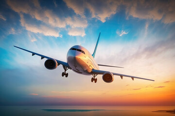 Naklejka na ściany i meble Commercial passenger business jet taking off at sunset