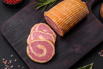 Delicious roll with meat, cheese, mushrooms, spices and herbs