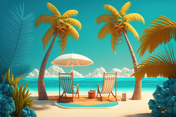 Fototapeta na wymiar Beach vacation scene with blue sky sun beds and umbrella