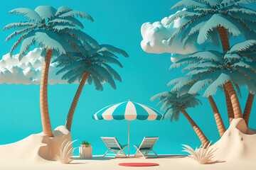 Fototapeta na wymiar summer beach vacation scene with blue sky sun beds and umbrella