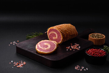 Delicious roll with meat, cheese, mushrooms, spices and herbs