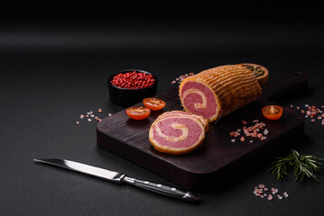 Delicious roll with meat, cheese, mushrooms, spices and herbs