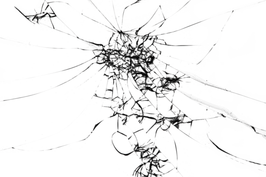 Cracks on the glass. White background in cracks. A broken smartphone screen. Screen replacement. The crack is black on a white background.