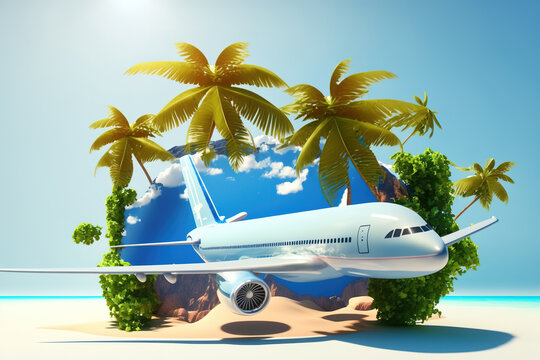 Passenger airplane in tropical destination with palm trees