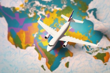 Fototapeta na wymiar Airplane toy miniature over imaginary Europe and Africa map representation