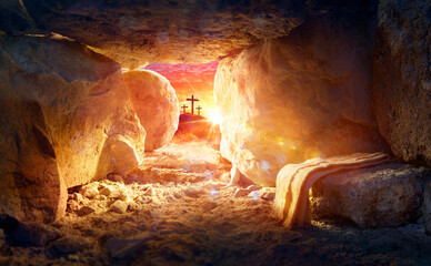 Resurrection Of Jesus Christ - Tomb Empty With Shroud And Crucifixion At Sunrise With Abstract Bokeh Lights - 576067300