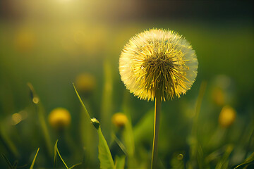 Yellow dandelion on green grass sunlight beautiful morning