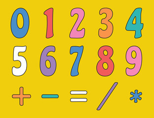 Modern playful number set. Bright, vivid multicolor funky numbers. Vector bold numbers for poster, flyer, book cover, greeting card, product packaging, graphic print, etc.