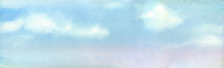 Watercolor background with blue sky. Cotton clouds, daytime sky. Summer day. Nature illustration.