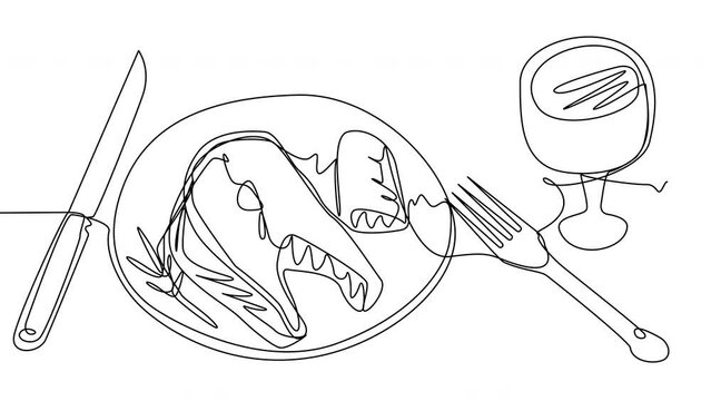 Selfi-drawing Lunch with fish on a platter and a glass of wine on a white background. Healthy food in one line. The concept of a romantic dinner. Whiteboard animation for presentation.