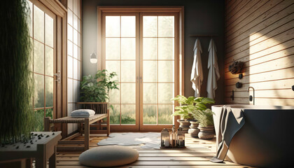 Spa room in beautiful sunlight. Generative AI
