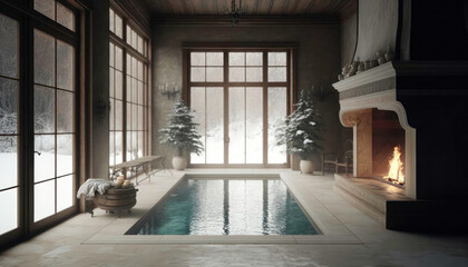 Indoor swimming pool with beautiful light. Generative AI