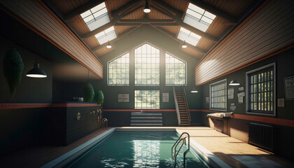 luxury swimming pool. Indoor swimming pool with beautiful light. Generative AI