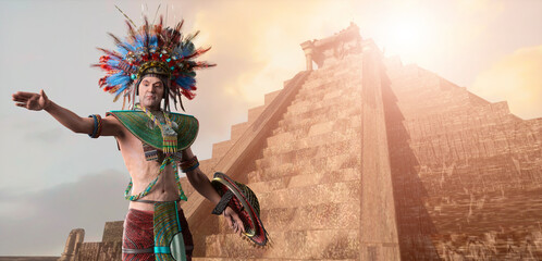 Historical portrait of Maya Prince Ruler of the Aztecs 3d render - obrazy, fototapety, plakaty