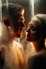 Couple enjoying a romantic steam room session, surrounded by steam and soft lighting, relax and unwind, Couple's Spa Day in the Steam Room ai generative