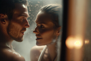 Couple enjoying a romantic steam room session, surrounded by steam and soft lighting, relax and unwind, Couple's Spa Day in the Steam Room ai generative
