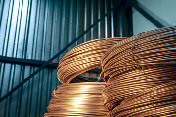 Metal blanks, wire in large coils in a warehouse