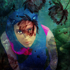 Ilustracja portret młoda kobieta ze spojrzeniem kota wśród roślin abstrakcja - obrazy, fototapety, plakaty