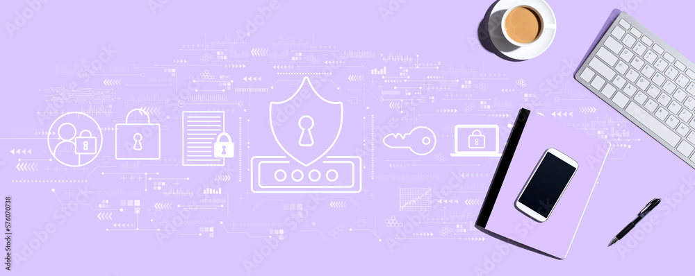Poster cyber security theme with a computer keyboard and office items