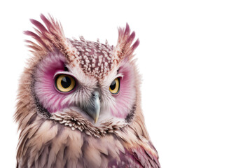 Pink owl head isolated on white background. Generative AI