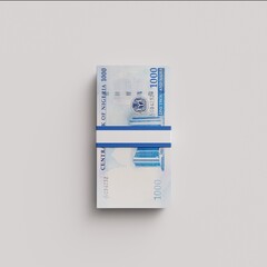 Pile of 1000 Naira notes isolated on white background.