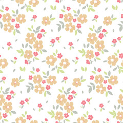 Seamless floral pattern, cute ditsy print with gentle spring botany in pastel colors. Pretty botanical design with rustic motif: small hand drawn flowers, tiny leaves on a white background. Vector.
