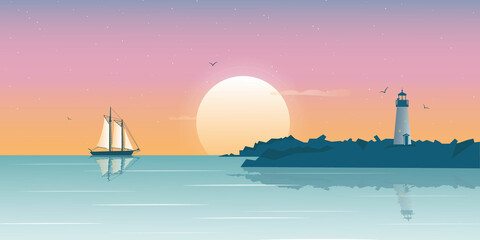 Illustration of Santa Cruz Lighthouse, USA. Santa Cruz Breakwater Lighthous, lighthouse in California, United States.