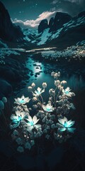 Fototapeta na wymiar White glowing flowers in northern lights - generative ai