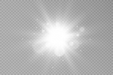 	
Special lens flash, light effect. The flash flashes rays and searchlight. illust.White glowing light. Beautiful star Light from the rays. The sun is backlit. Bright beautiful star. Sunlight. Glare.