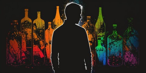 Alcoholism concept. silhouette of a sad man on the background of bottles with alcohol, depression and addiction - generative ai