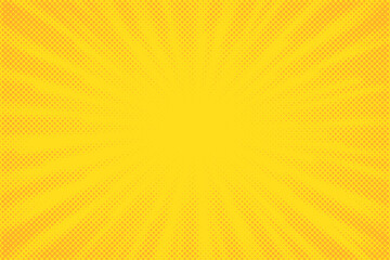 Obraz premium Yellow comics background. Abstract lines backdrop. Bright sunrays. Design frames for title book. Texture explosive polka. Beam action. Pattern motion flash. Rectangle fast boom. Vector illustration