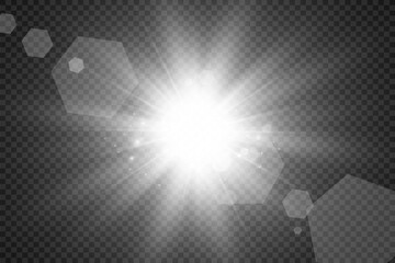 	
Special lens flash, light effect. The flash flashes rays and searchlight. illust.White glowing light. Beautiful star Light from the rays. The sun is backlit. Bright beautiful star. Sunlight. Glare.