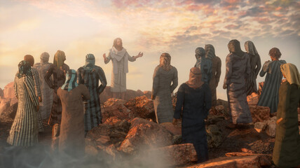 Jesus Christ preaches the Sermon on the Mount and the Twelve Apostles 3d render - obrazy, fototapety, plakaty