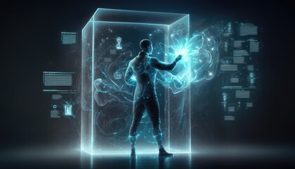person standing in front of a holographic display with images and data appearing - generative ai
