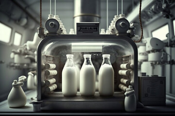 Milking the Goodness: Inside a Milk Factory. Ai generated. - obrazy, fototapety, plakaty