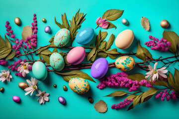Obraz na płótnie Canvas Colorful easter eggs with spring flowers composition. Generative AI