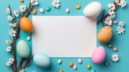 Easter eggs with spring flowers. Blank paper with easter composition frame. Generative AI