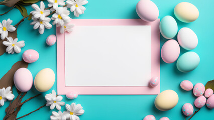 Naklejka na ściany i meble Easter eggs with spring flowers. Blank paper with easter composition frame. Generative AI